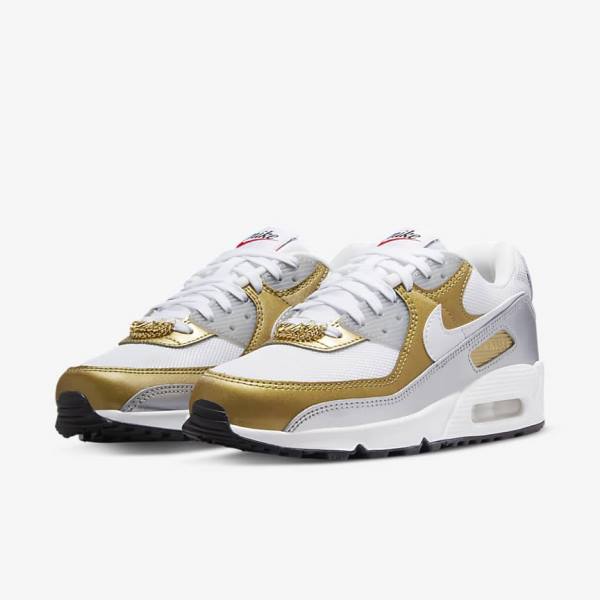 Nike Air Max 90 SE Sneakers Damen Weiß Metal Gold Metal Silber Weiß | NK750MKS