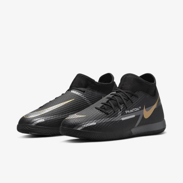 Nike Phantom GT2 Academy Dynamic Fit IC Indoor Court Fußballschuhe Damen Schwarz Metal Gold Dunkelgrau Metal Dunkelgrau | NK024XVK