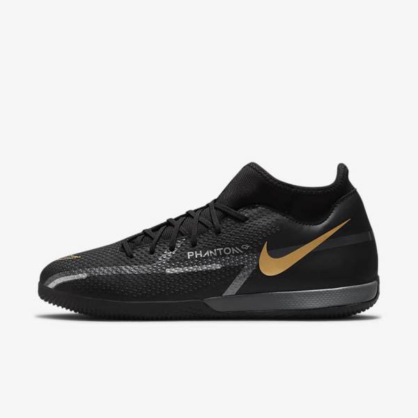 Nike Phantom GT2 Academy Dynamic Fit IC Indoor Court Fußballschuhe Damen Schwarz Metal Gold Dunkelgrau Metal Dunkelgrau | NK024XVK