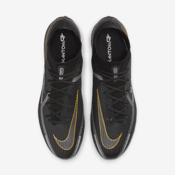 Nike Phantom GT2 Dynamic Fit Elite FG Firm-Ground Fußballschuhe Damen Schwarz Metal Gold Metal Silber Metal Dunkelgrau | NK492FYS