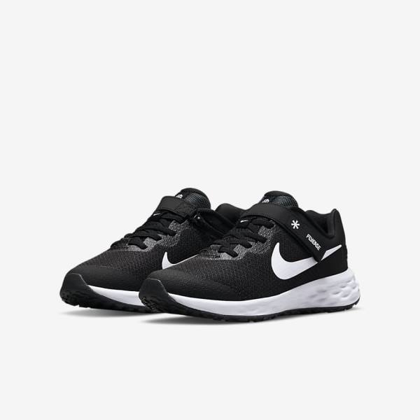 Nike Revolution 6 FlyEase Older Easy On-Off Straßen Laufschuhe Kinder Schwarz Dunkelgrau Weiß | NK167QVJ