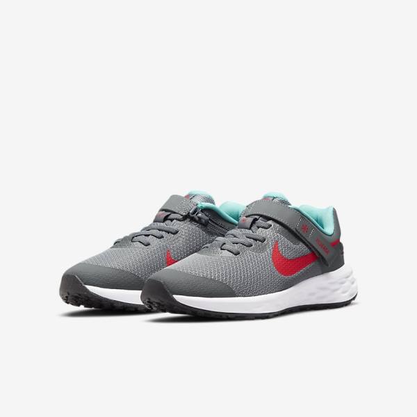 Nike Revolution 6 FlyEase Older Easy On-Off Straßen Laufschuhe Kinder Grau Türkis Rot | NK259WUO