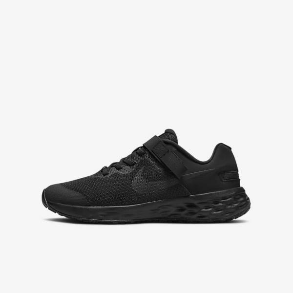 Nike Revolution 6 FlyEase Older Easy On-Off Straßen Laufschuhe Kinder Schwarz Dunkelgrau | NK637ODR