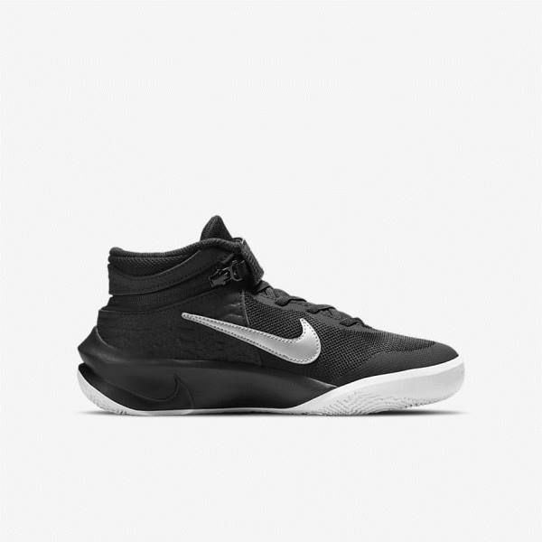 Nike Team Hustle D 10 FlyEase Older Basketballschuhe Kinder Schwarz Weiß Metal Silber | NK791OKB