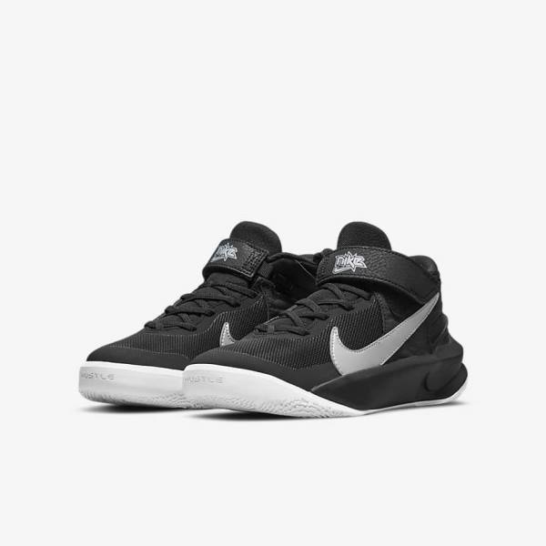 Nike Team Hustle D 10 FlyEase Older Basketballschuhe Kinder Schwarz Weiß Metal Silber | NK791OKB