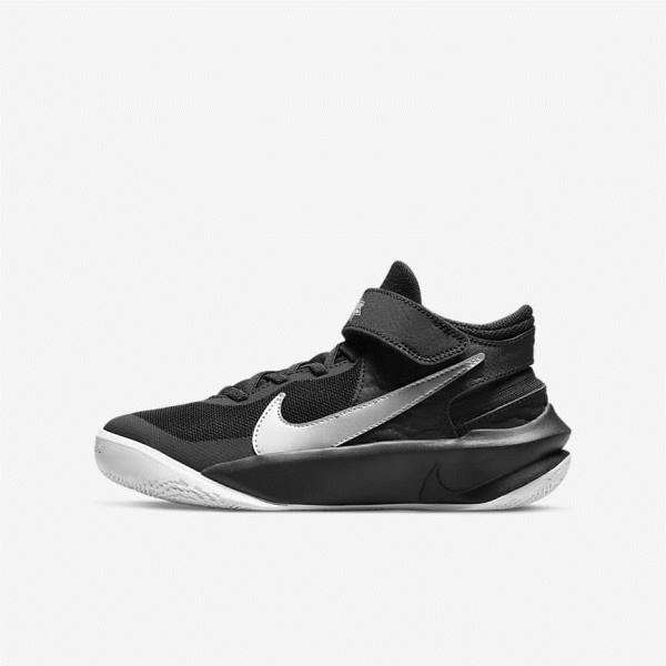 Nike Team Hustle D 10 FlyEase Older Basketballschuhe Kinder Schwarz Weiß Metal Silber | NK791OKB