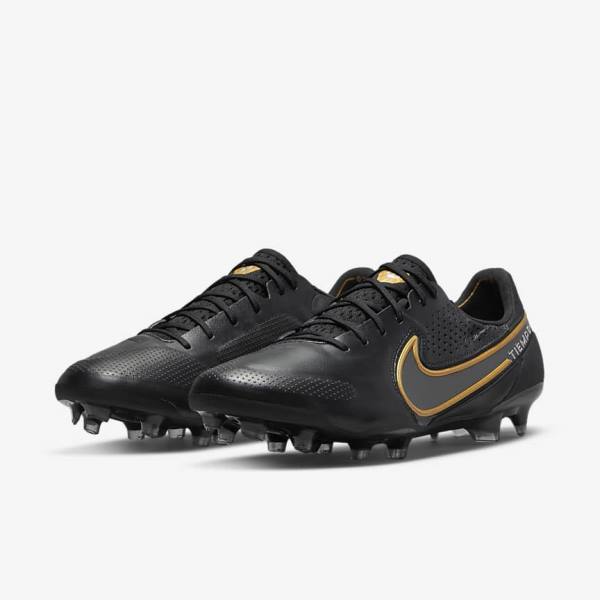 Nike Tiempo Legend 9 Elite FG Firm-Ground Fußballschuhe Damen Schwarz Dunkelgrau Metal Gold Metal Dunkelgrau | NK015JOT