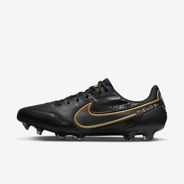 Nike Tiempo Legend 9 Elite FG Firm-Ground Fußballschuhe Herren Schwarz Dunkelgrau Metal Gold Metal Dunkelgrau | NK731FBM