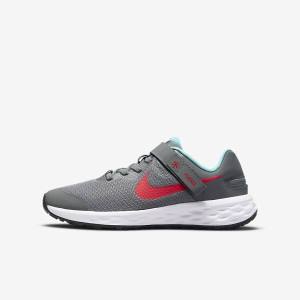 Nike Revolution 6 FlyEase Older Easy On-Off Straßen Laufschuhe Kinder Grau Türkis Rot | NK259WUO